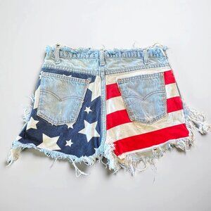 OOAK Levi's Up-Cycled Distressed  Patriotic Fringe Cutoff Shorts